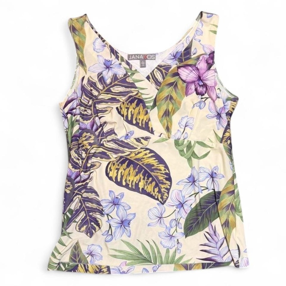 Y2K Tropical Floral Surplice V Neck Tank Top Womens S Purple Hawaiian Resort USA